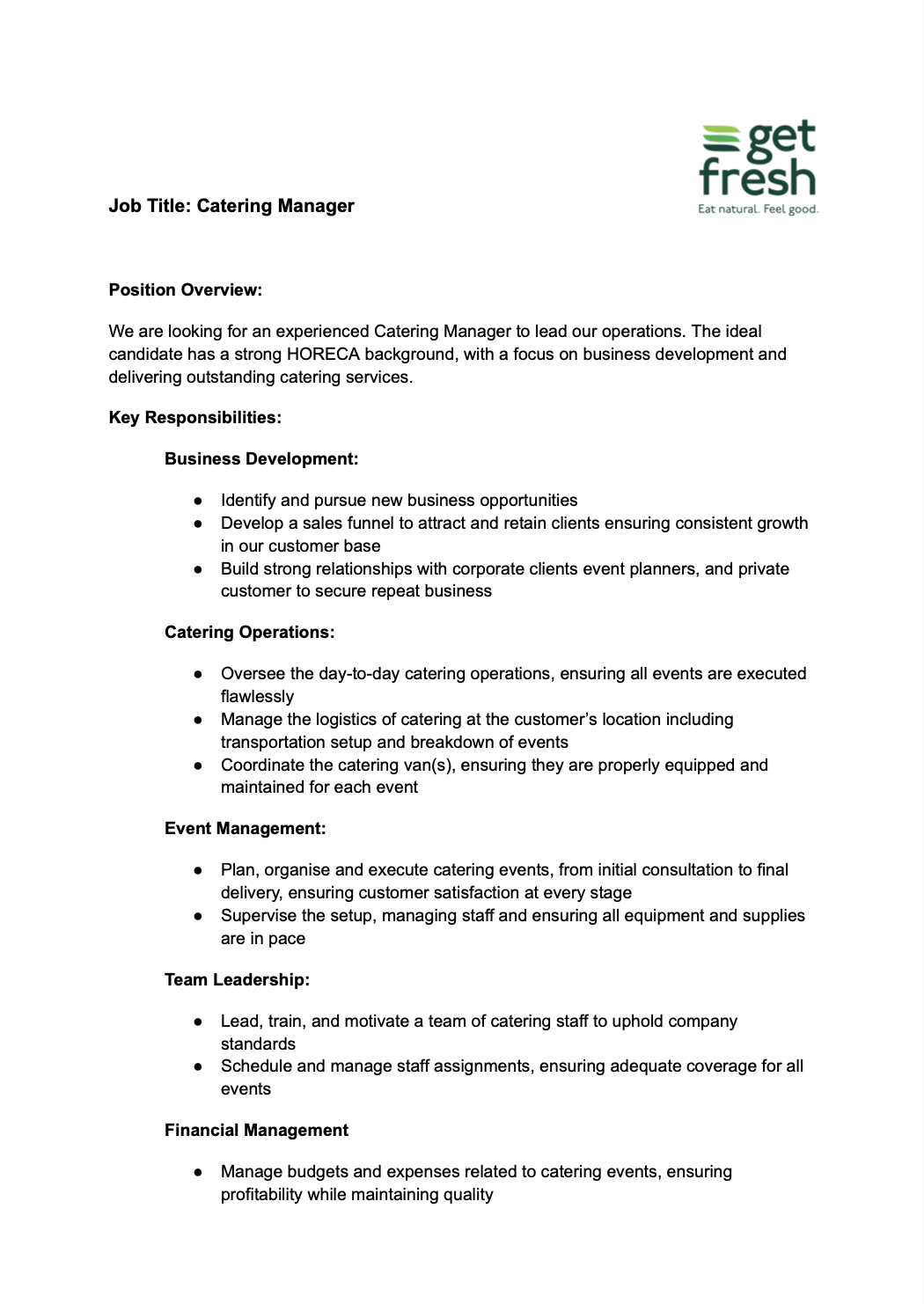 catering manager description